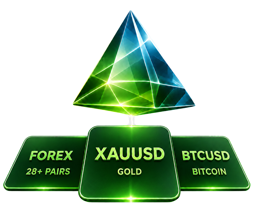 PrismAlgo market selection showing Forex, Gold and Bitcoin